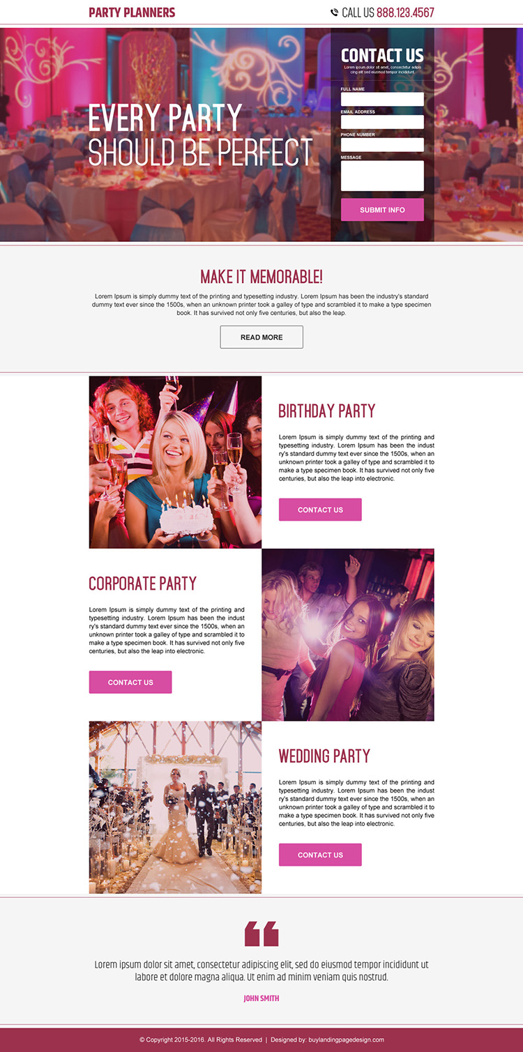 party planner converting responsive landing page design