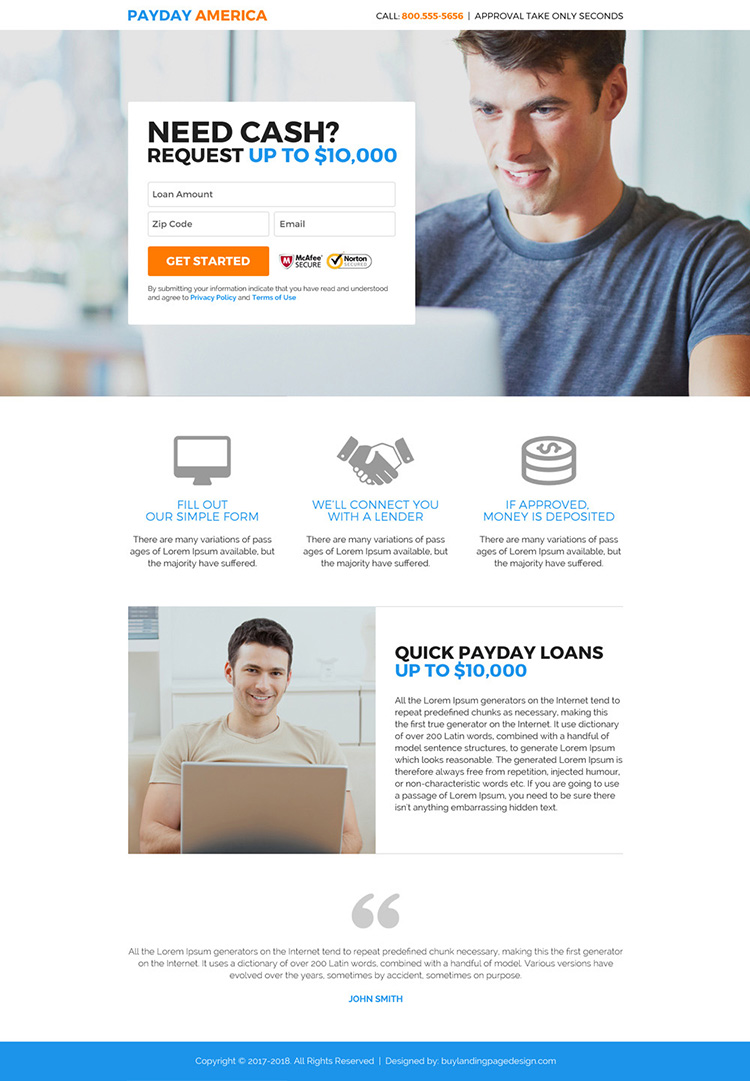 minimal payday quick cash loan lead capturing landing page design