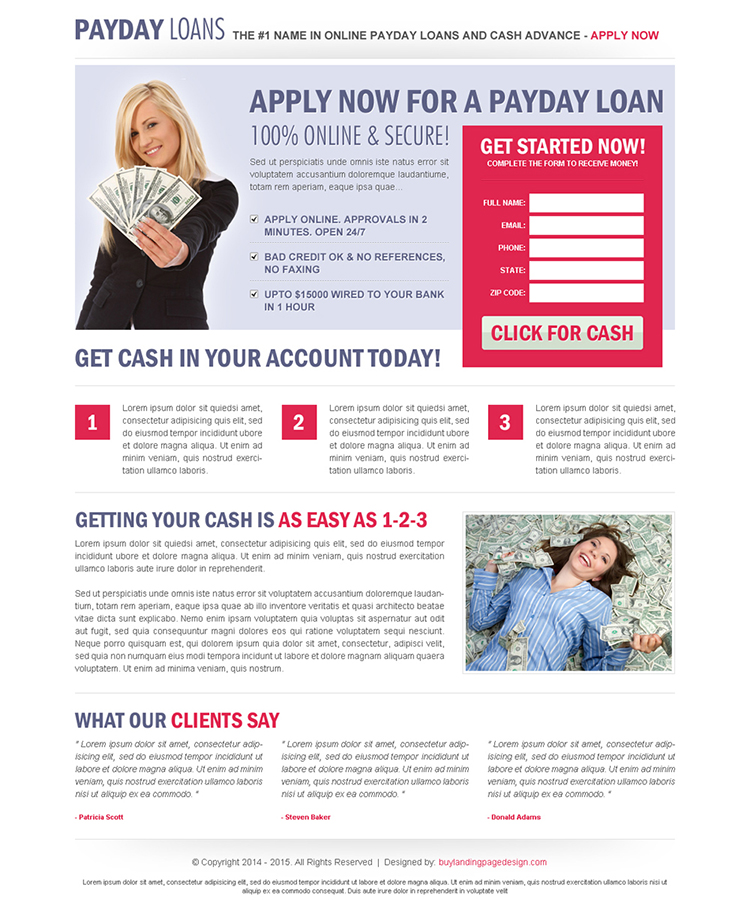 clean and user friendly payday cash advance landing page design