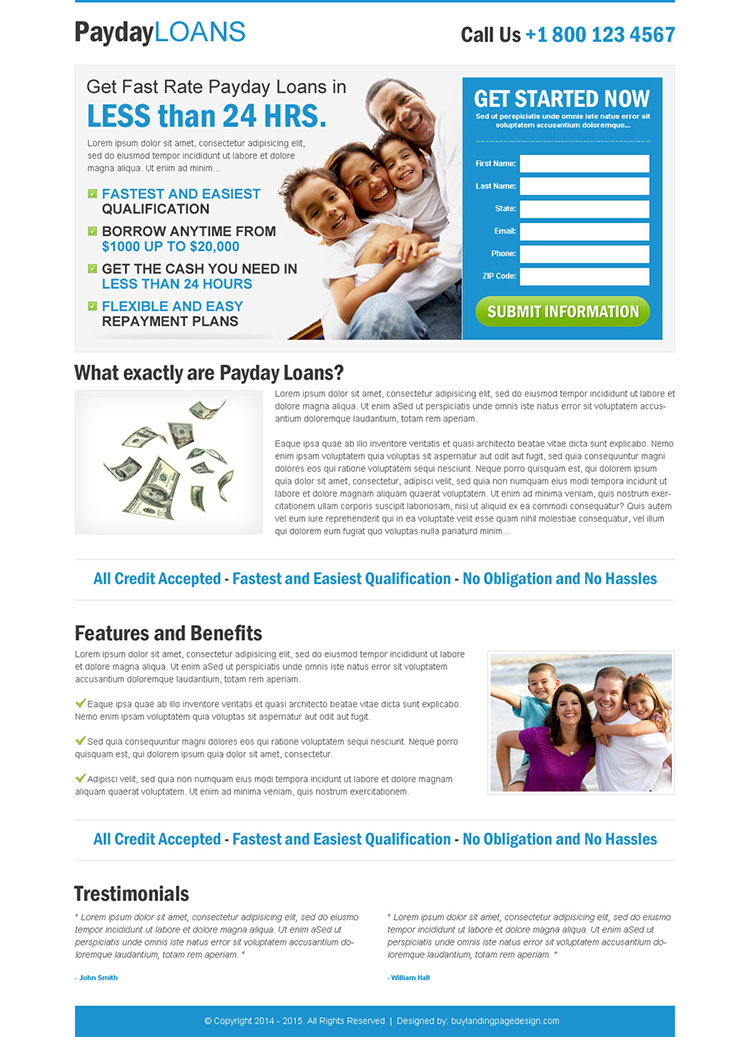 payday loan clean blue and white lead capture squeeze page