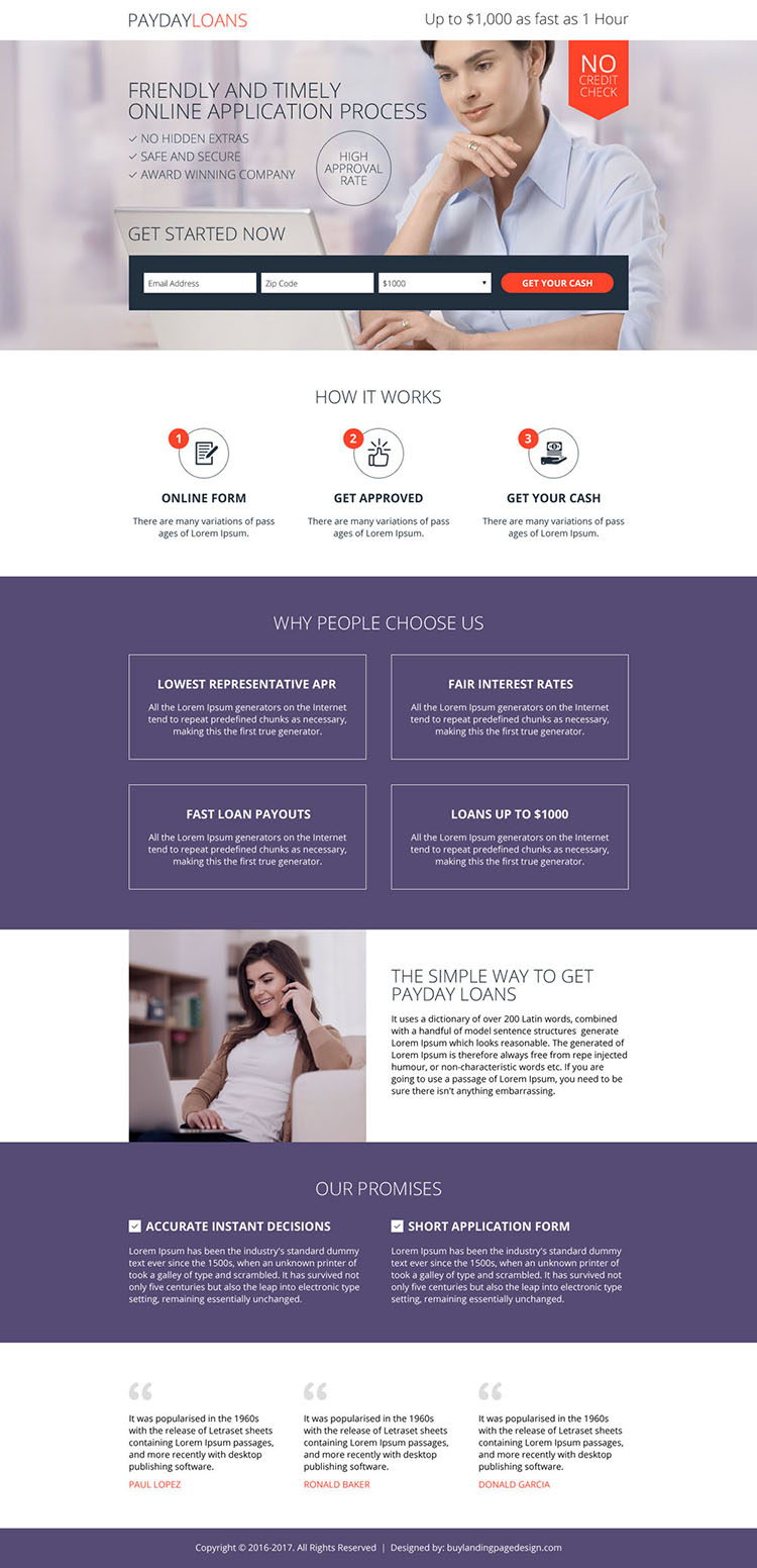 payday loan online application landing page design template