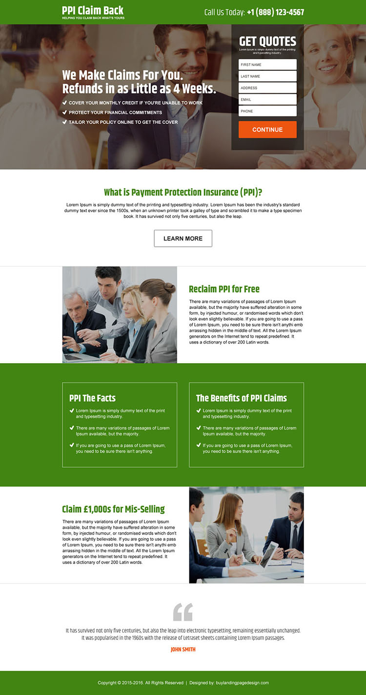 payment protection insurance responsive landing page design