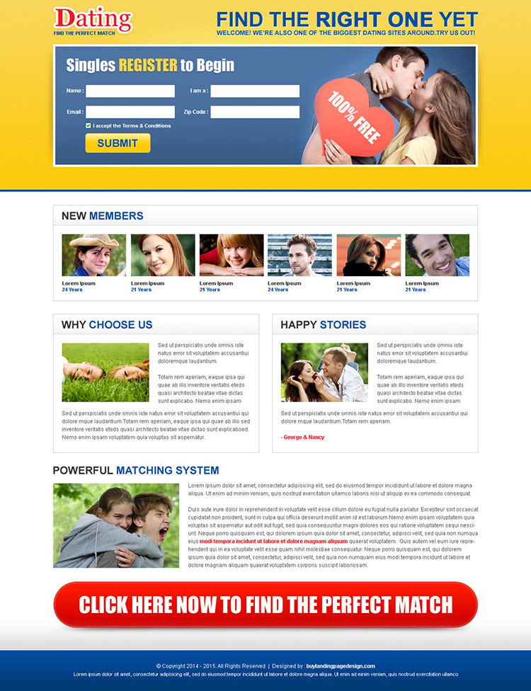 the perfect match dating lead capture landing page design