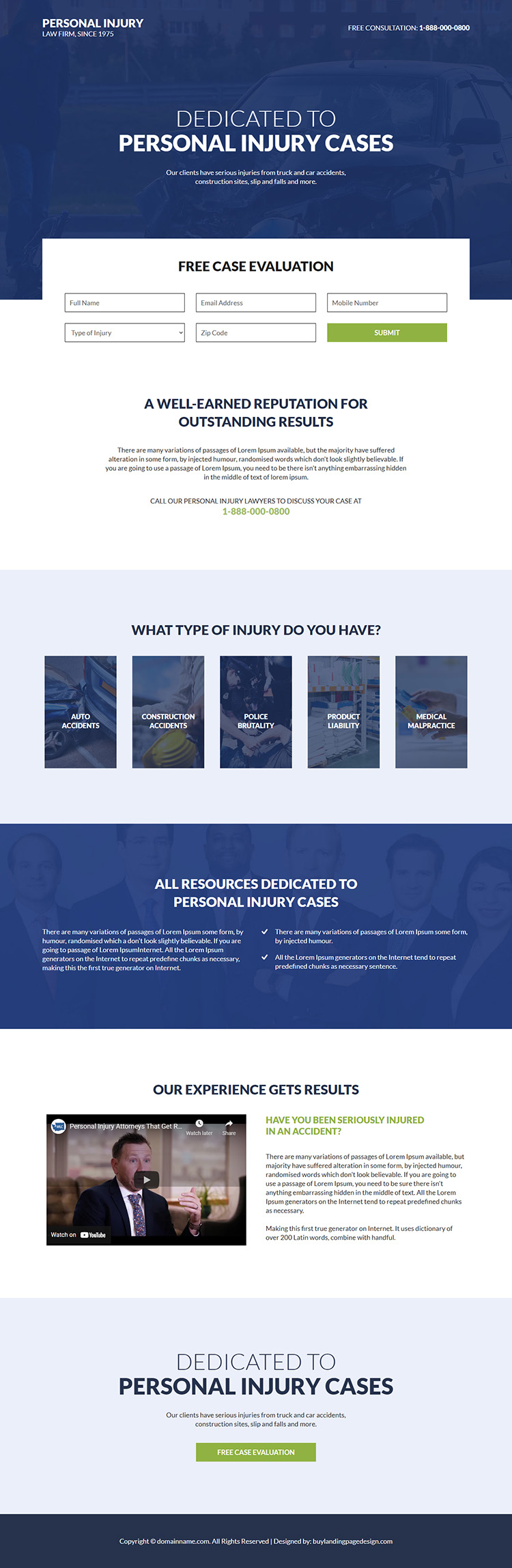 personal injury lawyer free evaluation responsive landing page
