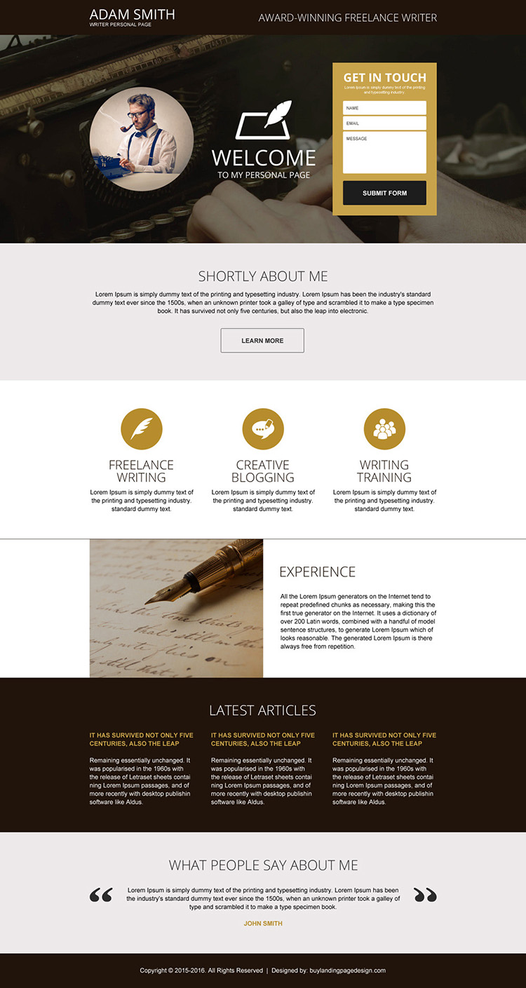 award winning freelance writer responsive personal page design