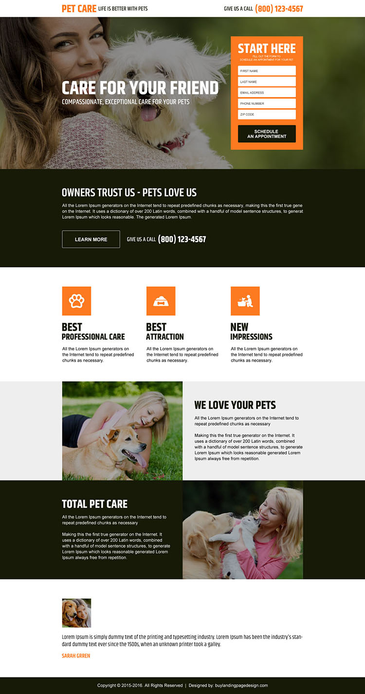 pet care service clean lead gen landing page