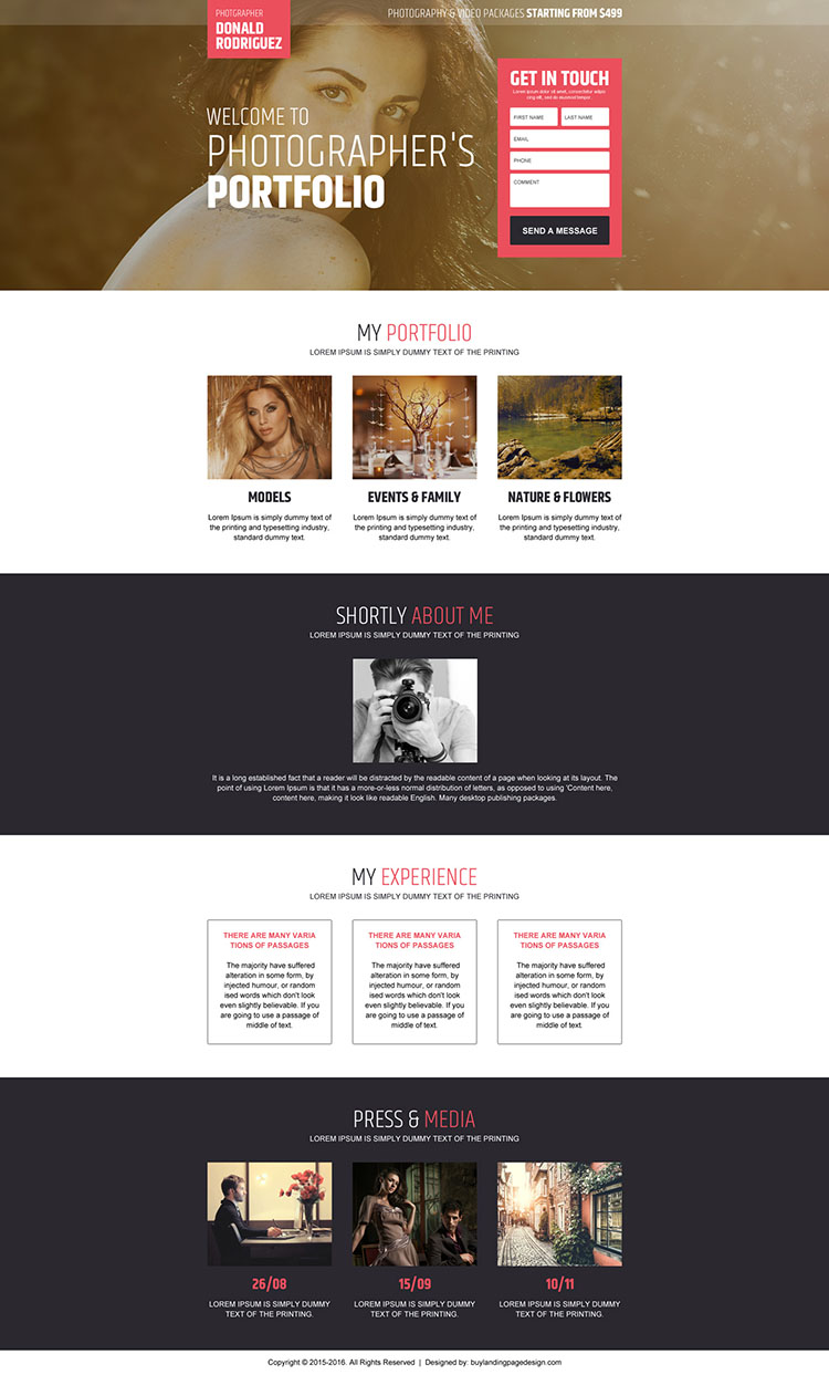 responsive photographers portfolio showcasing landing page design