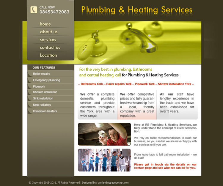 plumbing and heating services website design template for sale