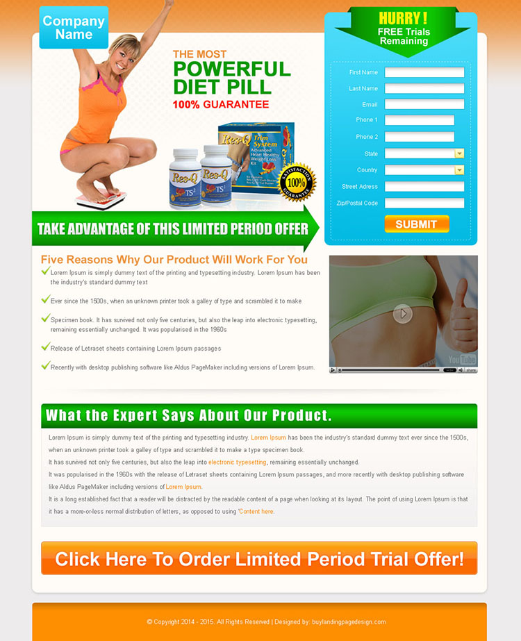 powerful weight loss diet pill lead capture landing page design for sale
