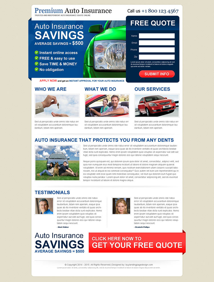 premium auto insurance service converting lead gen landing page design