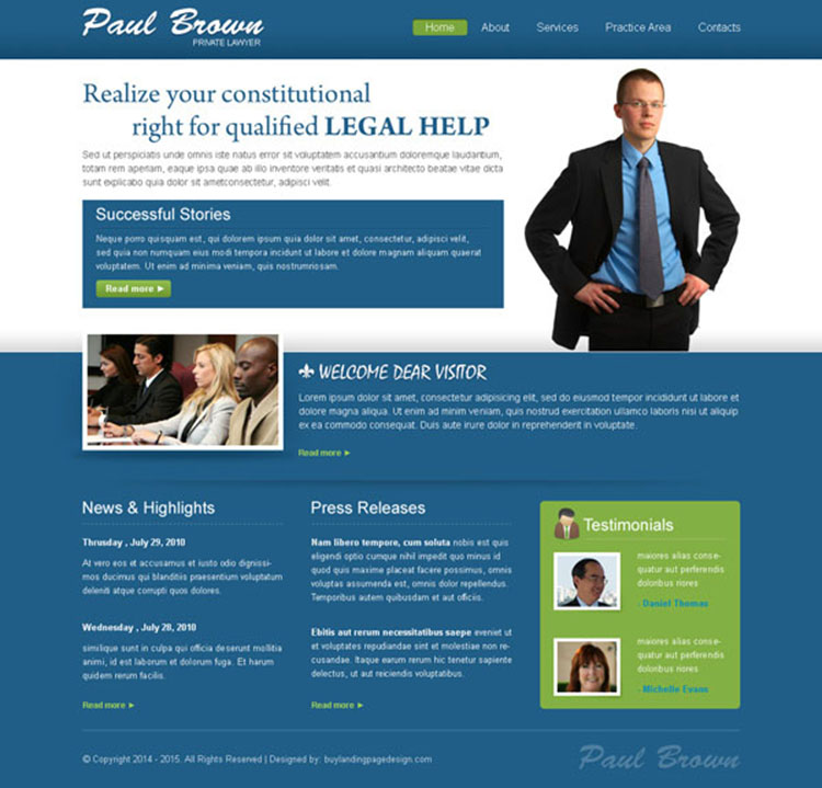 clean and effective website template design psd for lawyer personal website design