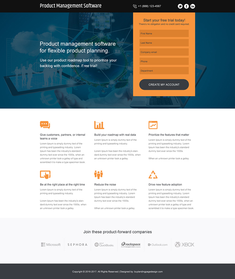 product management software free trial responsive landing page