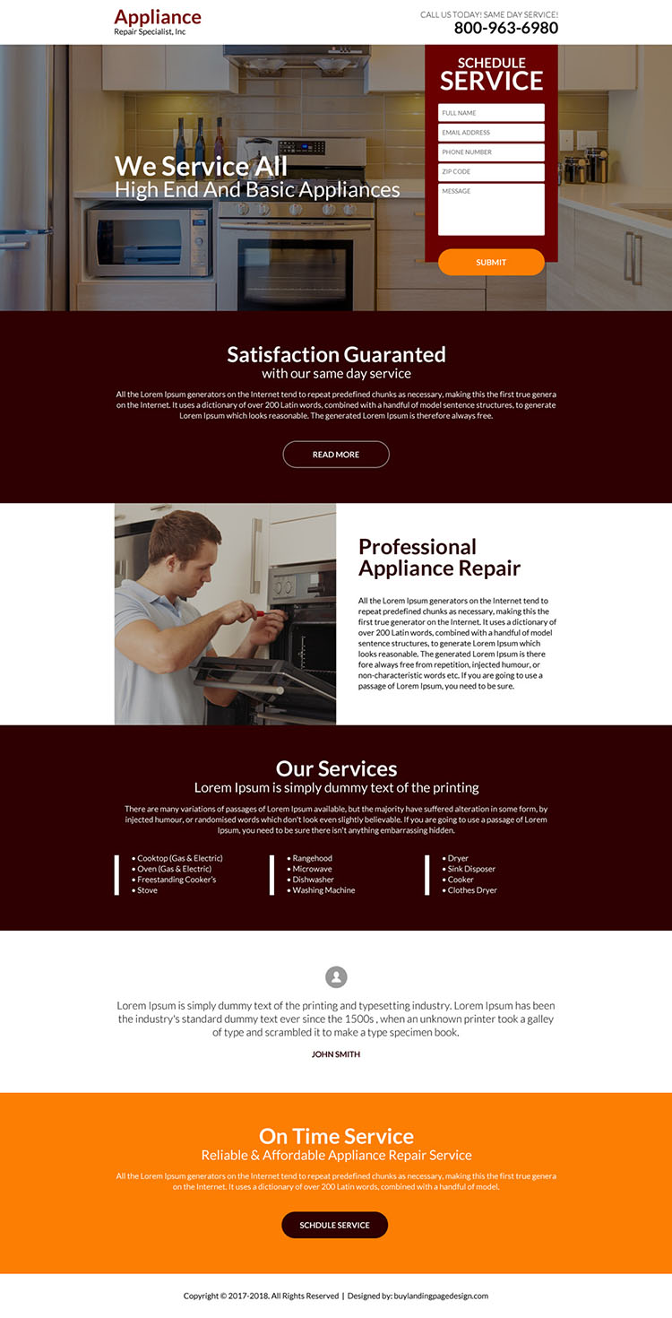 professional appliance repair landing page design