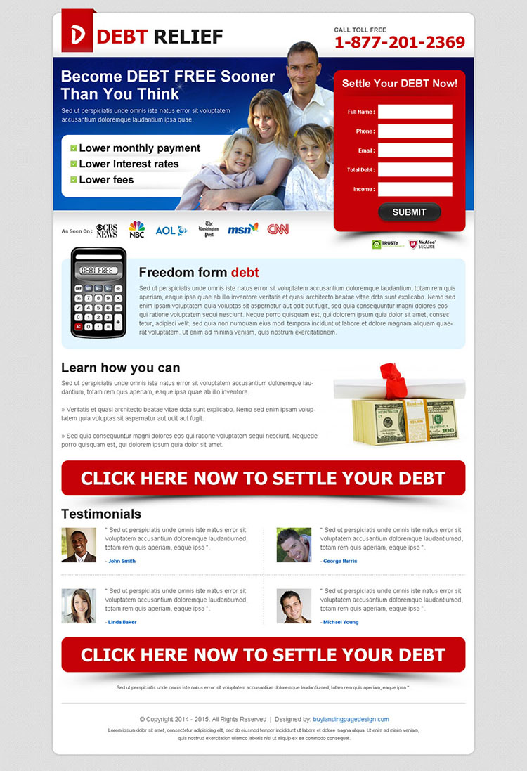 become debt free sooner most effective attractive and converting lead gen debt landing page