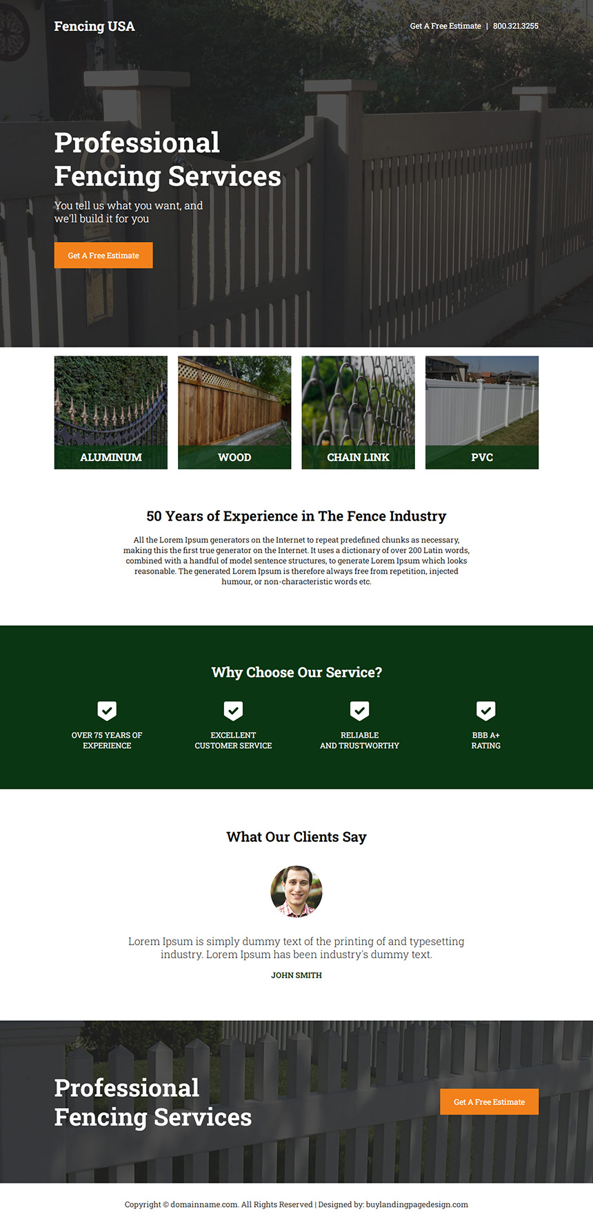 professional fencing service free estimate landing page