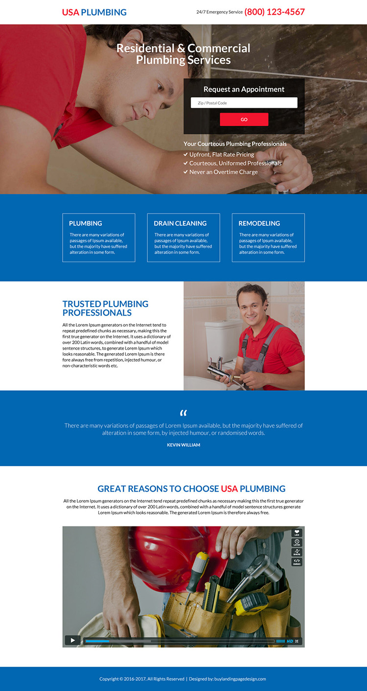 responsive residential and commercial plumbing service landing page