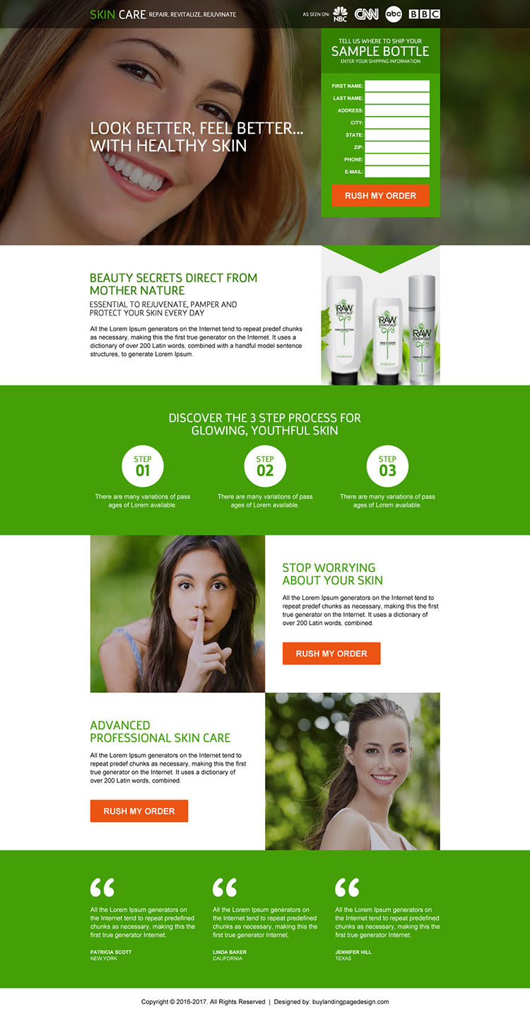 responsive skin care trial lead capturing landing page