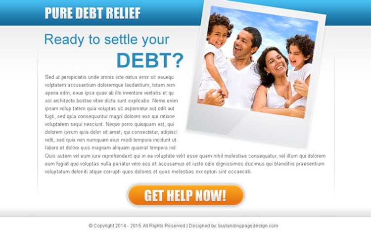 pure debt relief ppv landing page design template for debt settlement business