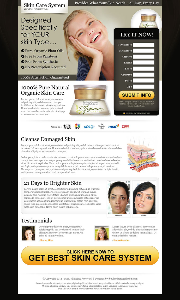 pure natural organic skin care product landing page to boost your traffic and sale of your skin care product