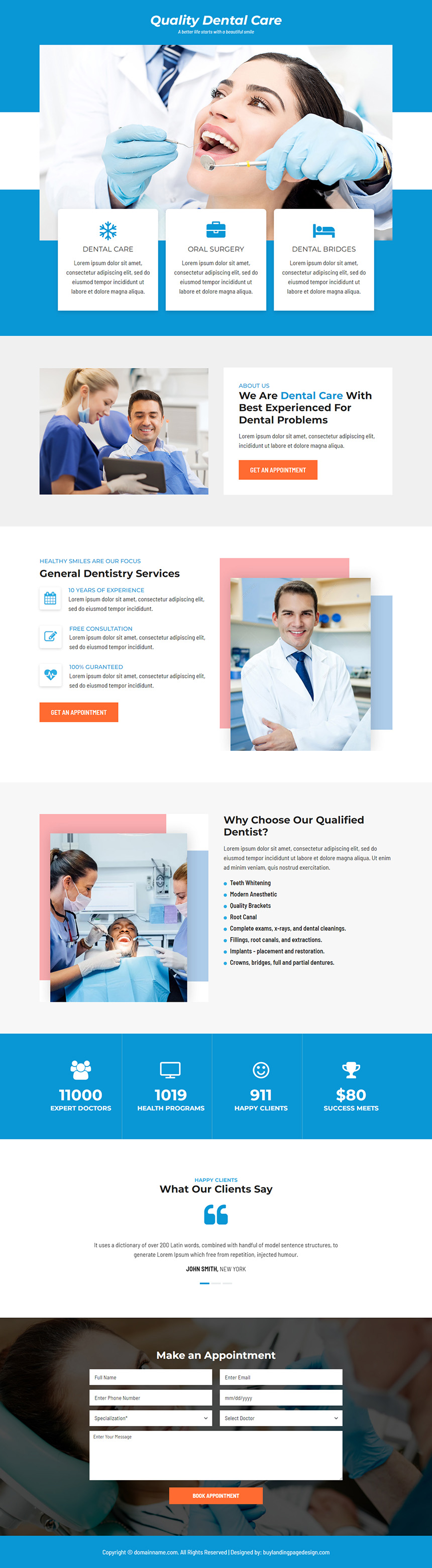 quality dental care service responsive landing page design