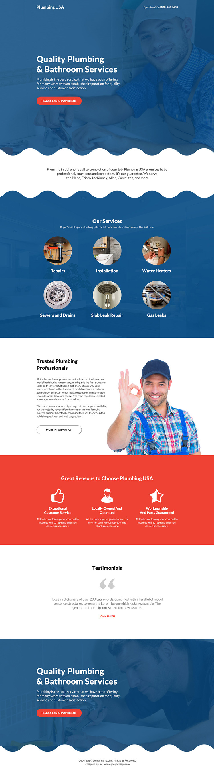 quality plumbing and bathroom services bootstrap landing page