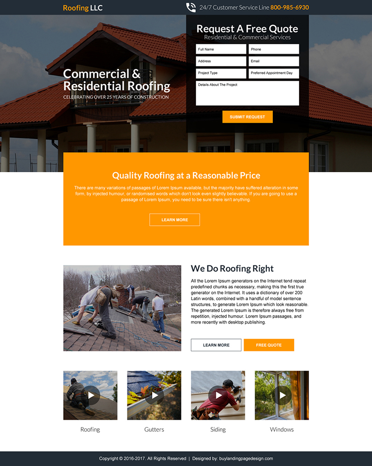 commercial and residential roofing landing page design