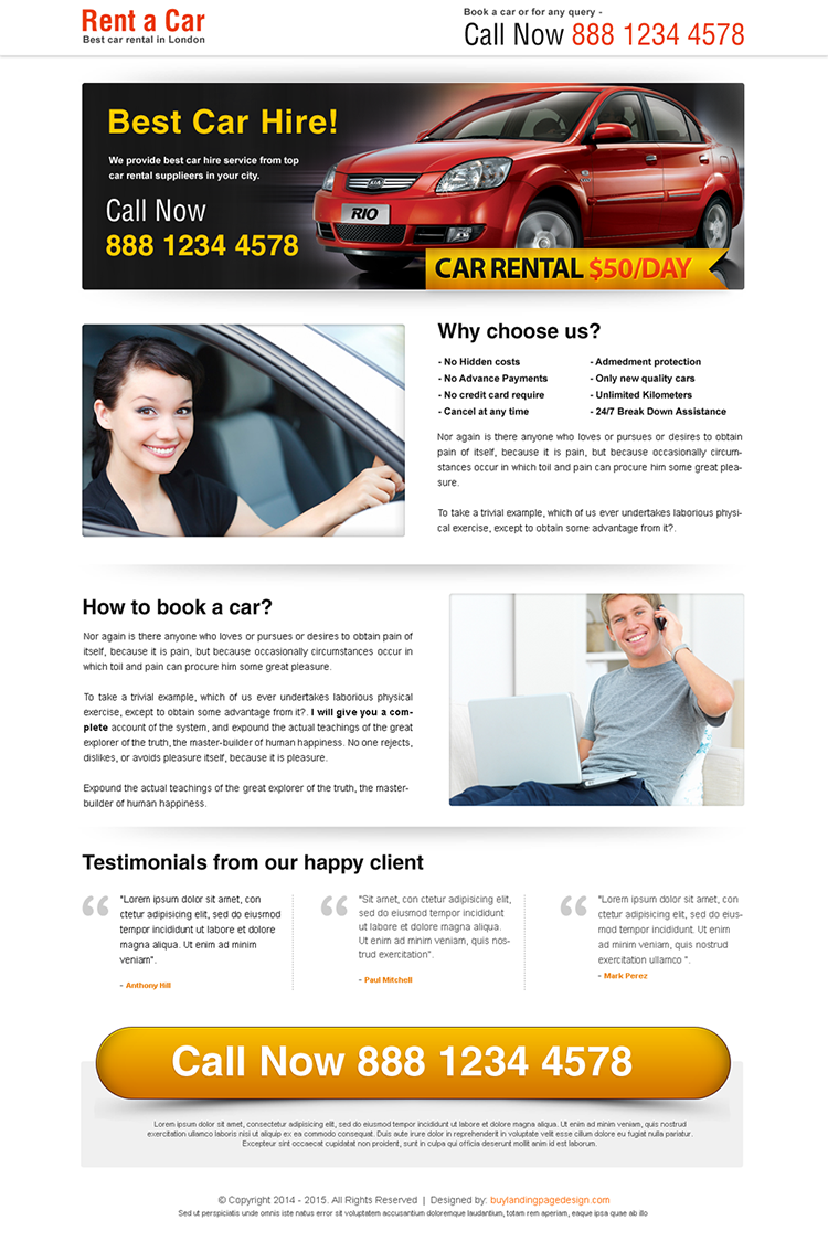 rent a car call to action lander design