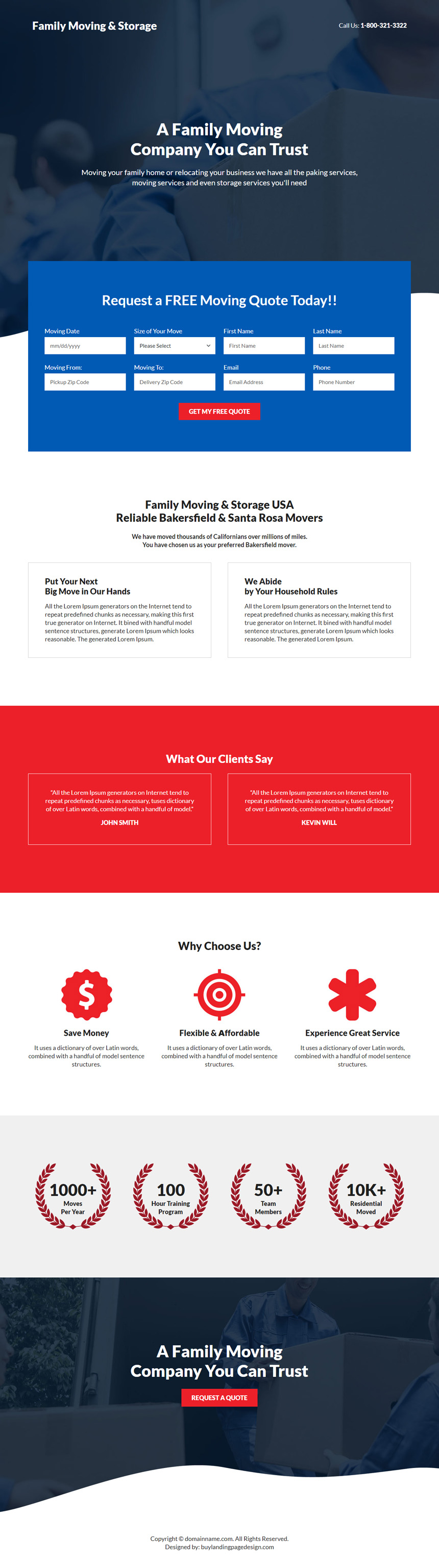 family moving and storage lead capture landing page
