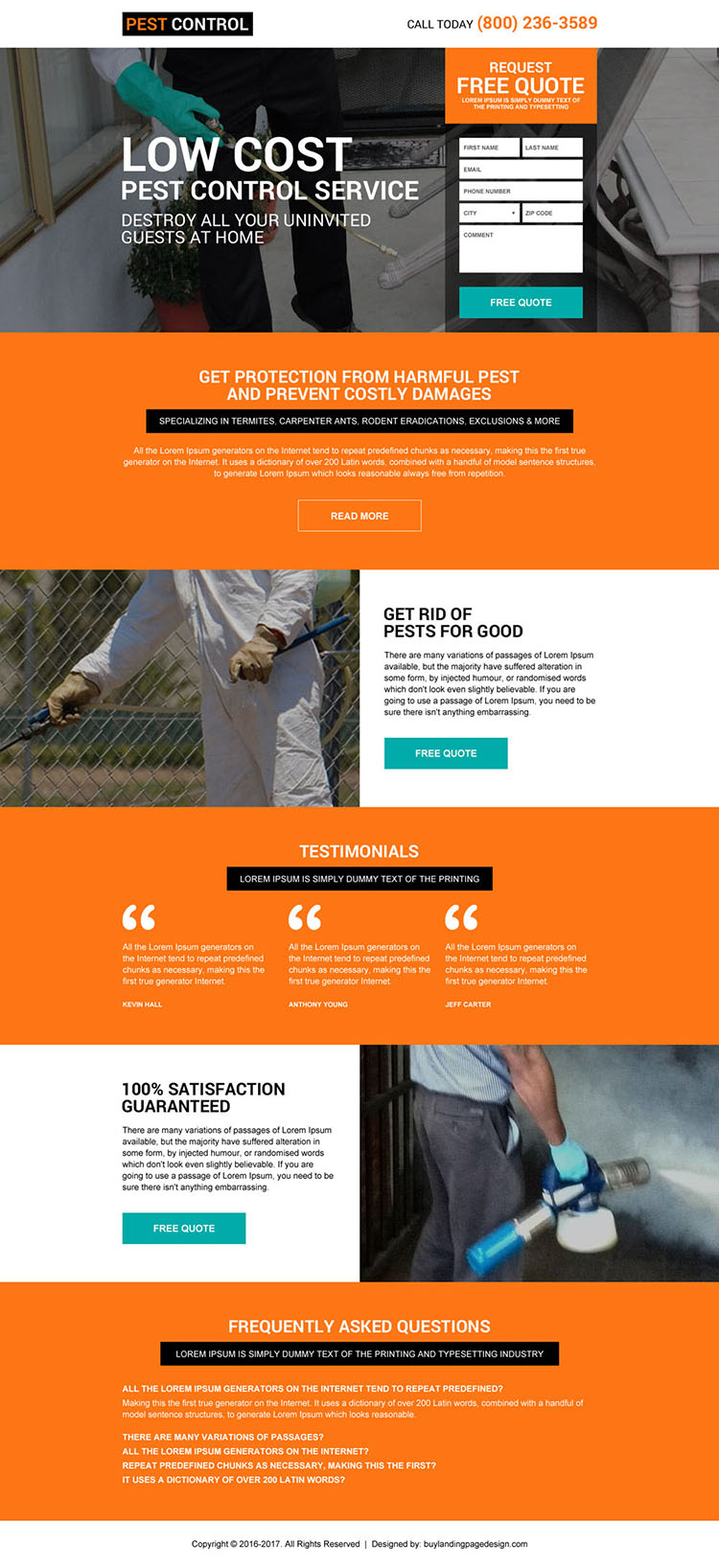 residential pest control service promoting landing page design