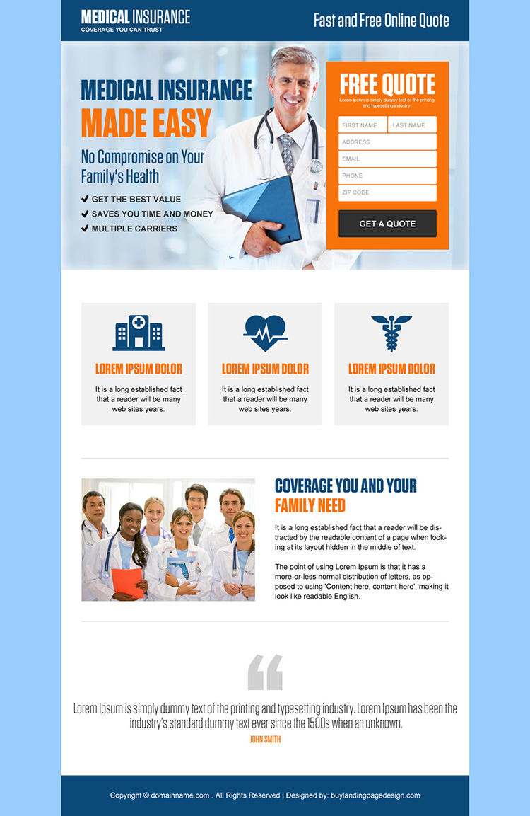 minimal health insurance quote capturing responsive landing page