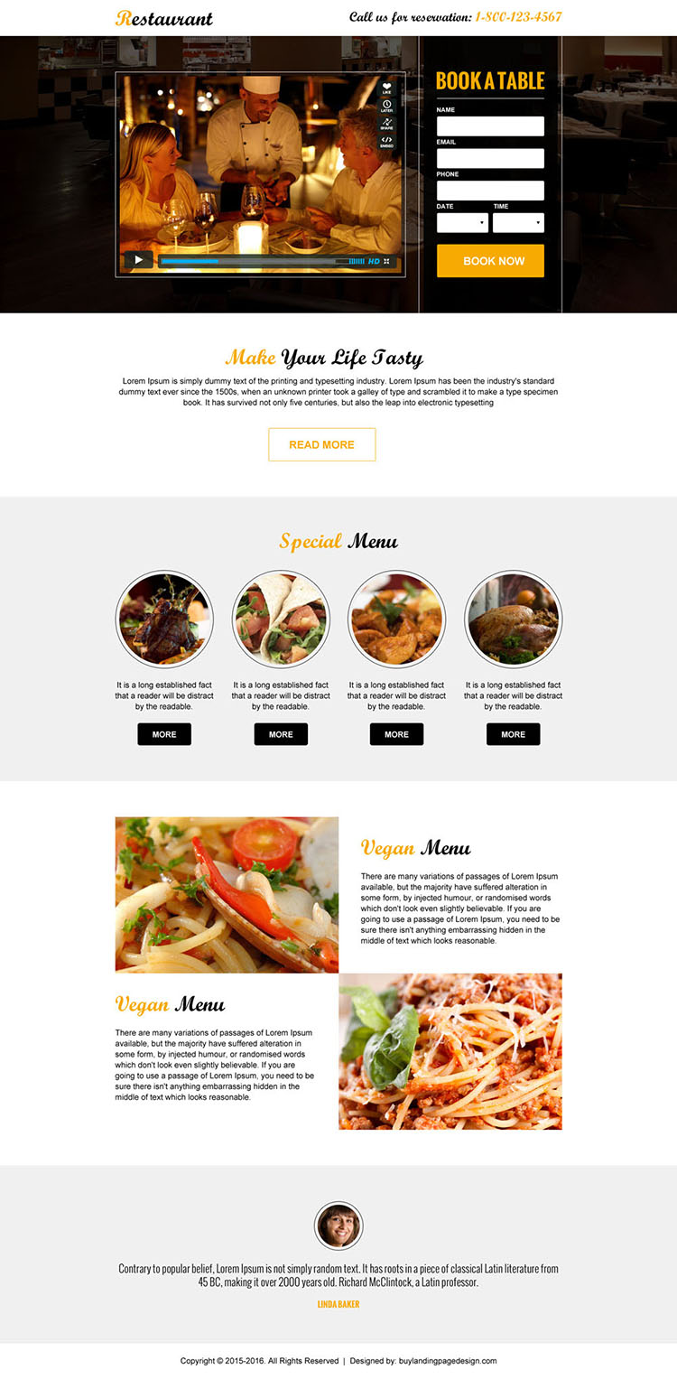 responsive restaurant booking landing page design