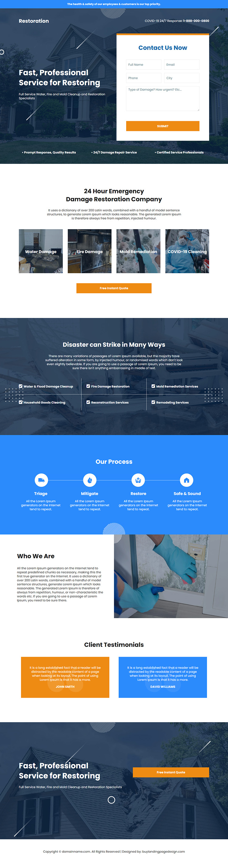 emergency damage restoration company responsive landing page design