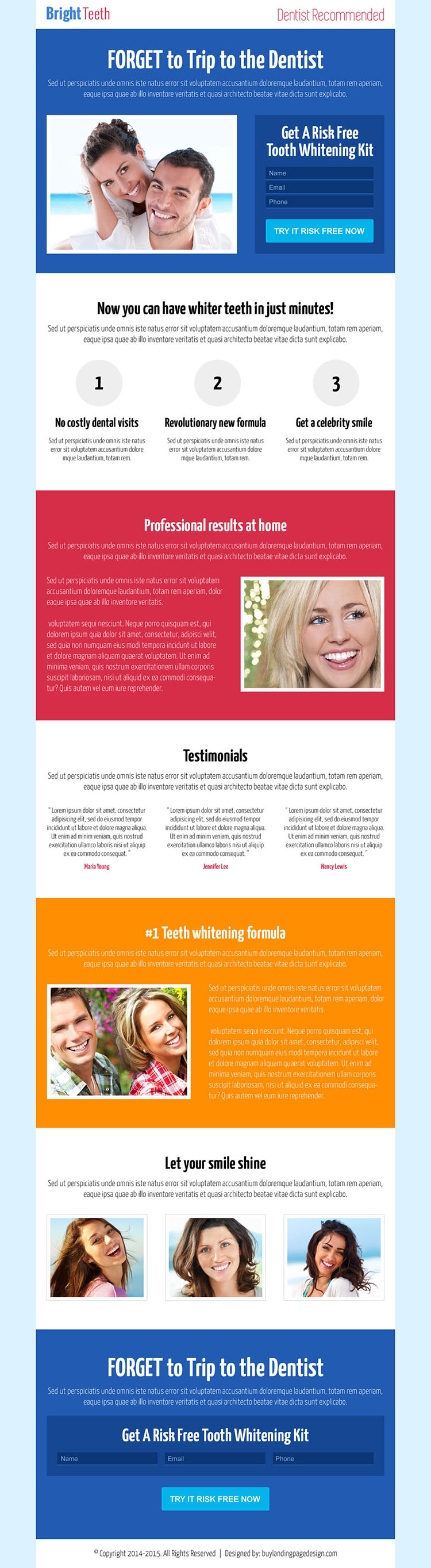 get a risk free teeth whitening kit clean and modern landing page design
