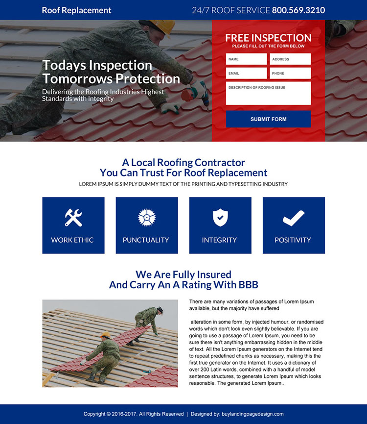 roof replacement free inspection responsive landing page design