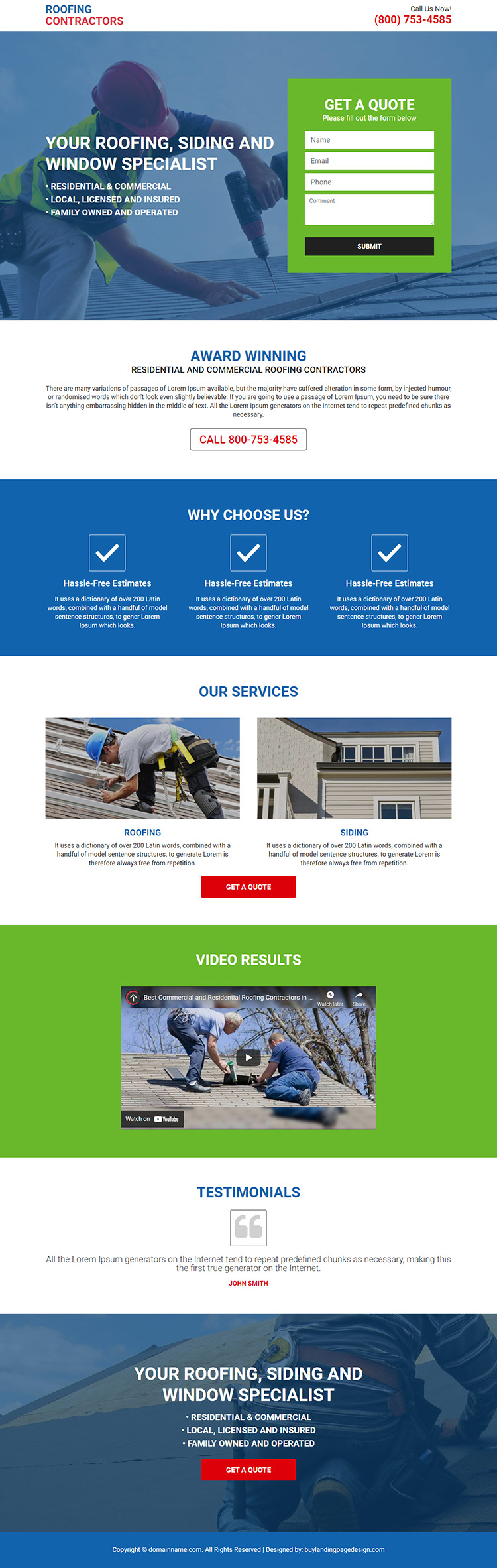 residential and commercial roofing contractor landing page