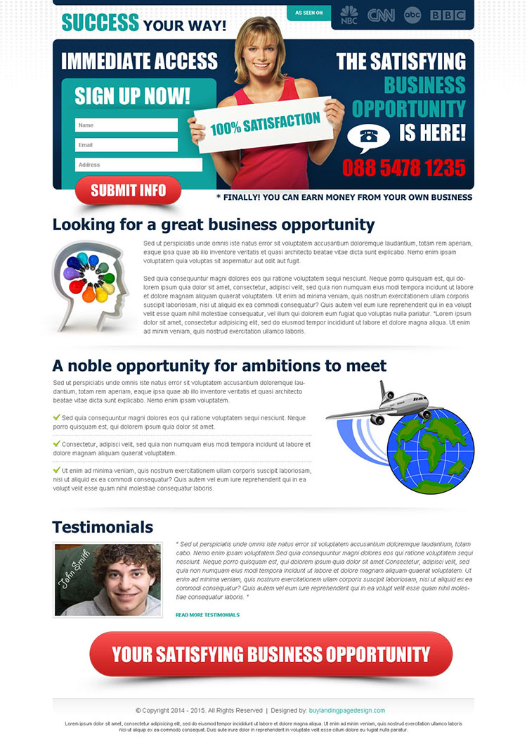 satisfying business opportunity sign up now converting lead capture squeeze page design