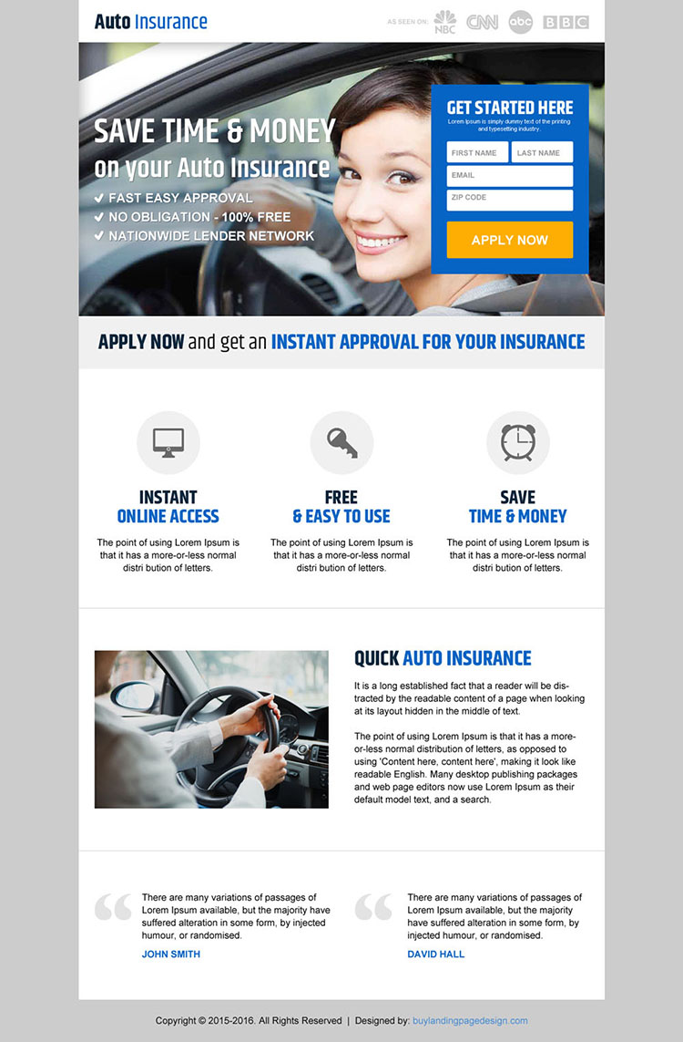 save money on auto insurance responsive landing page design