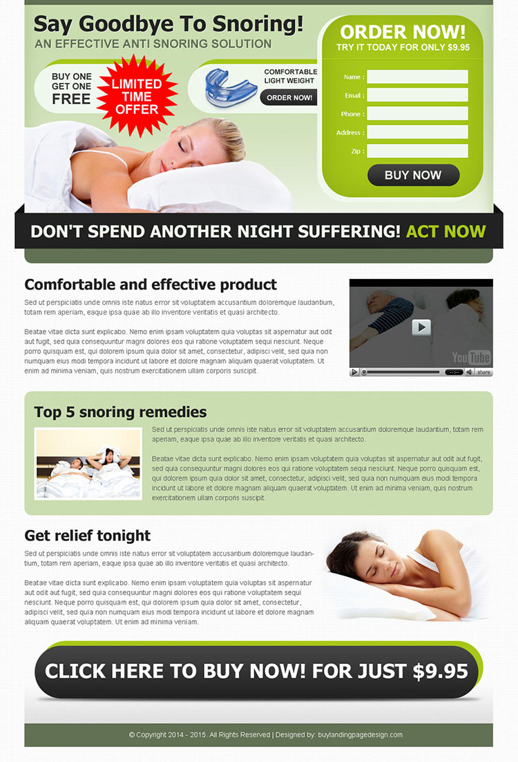 effective anti snoring product order now lead generating landing page design