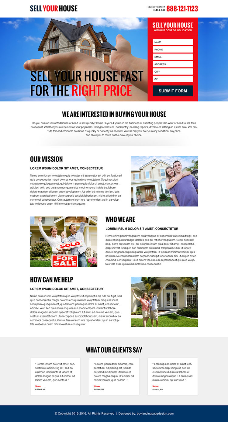 sell your house fast lead capture landing page design