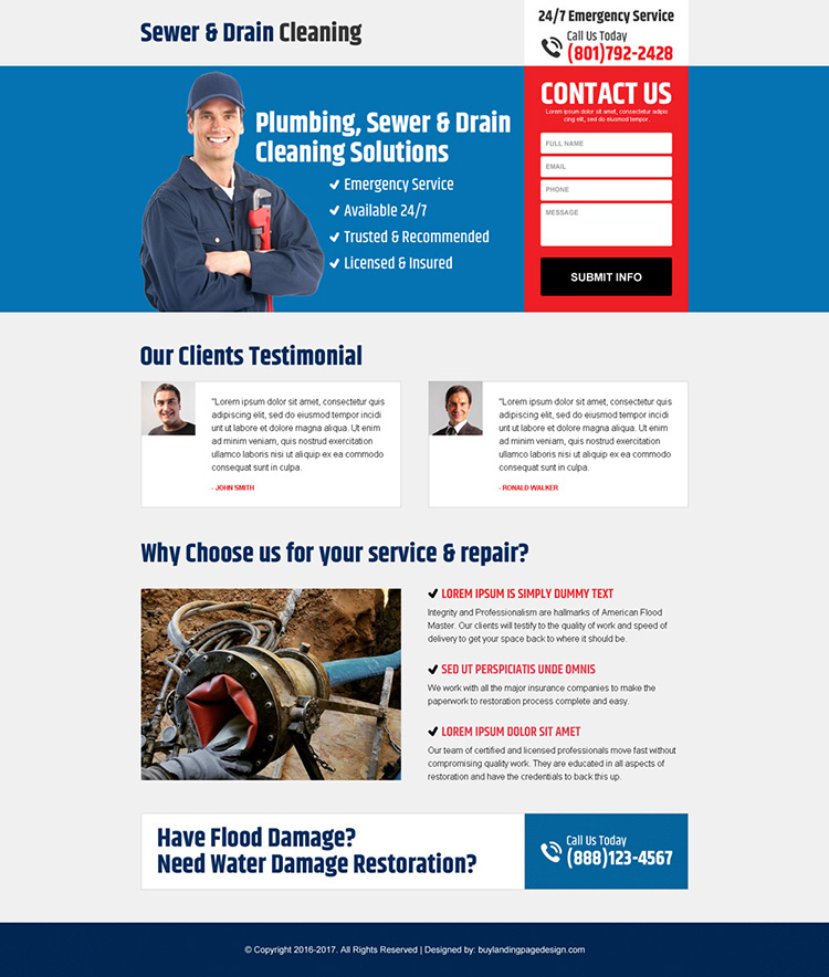 sewer and drain cleaning minimal landing page design