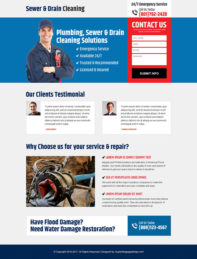 sewer and drain cleaning responsive landing page design