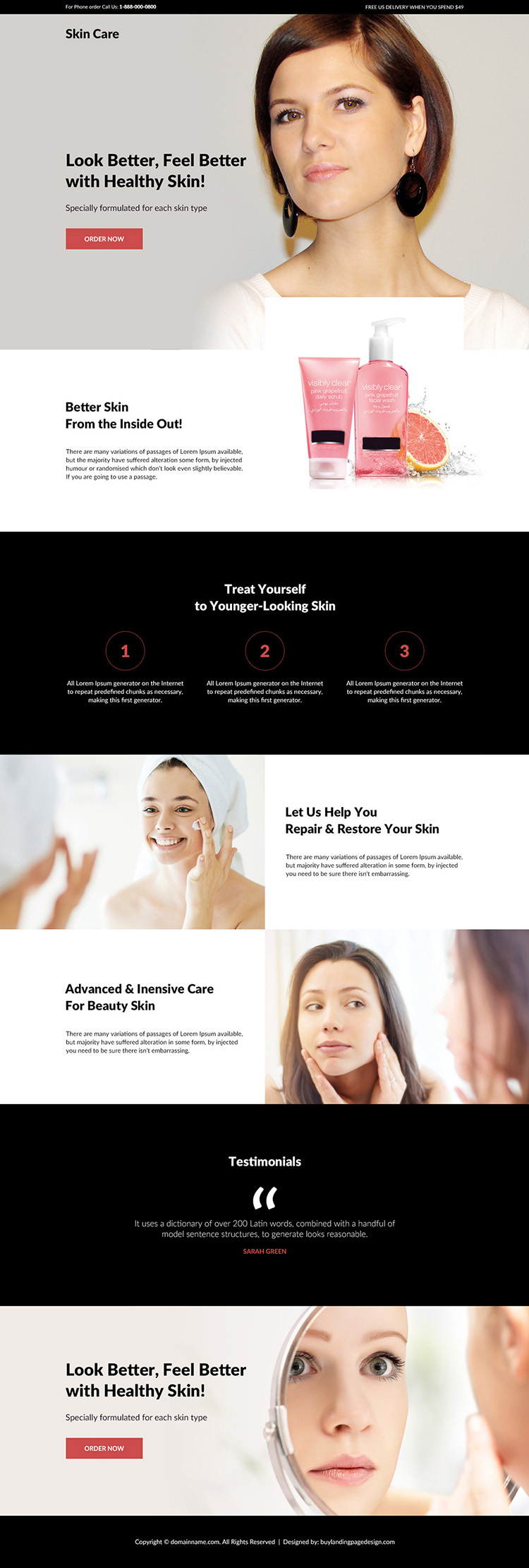 skin care product responsive landing page design