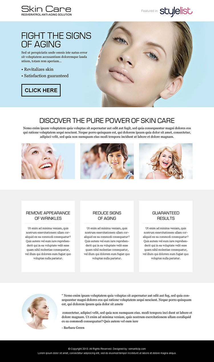 skin care business responsive landing page design