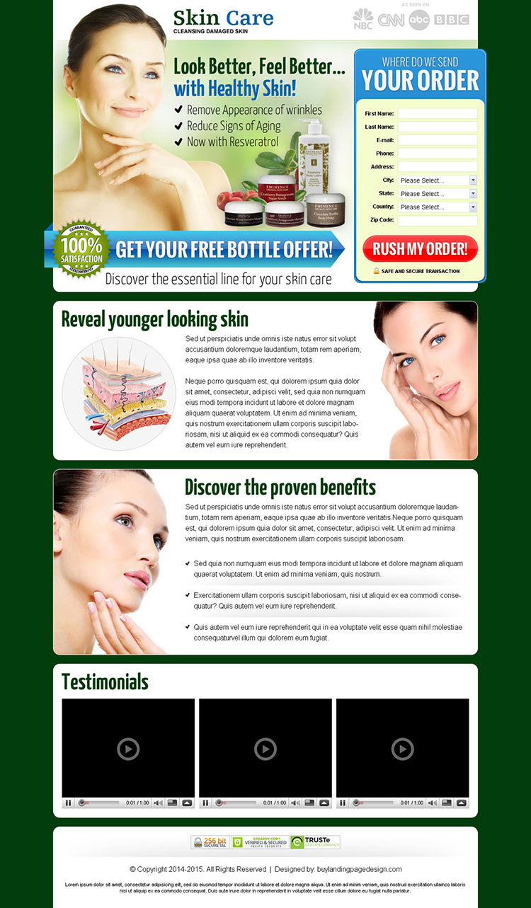 skin care lead capture landing page design templates to increase sales of your skin care product