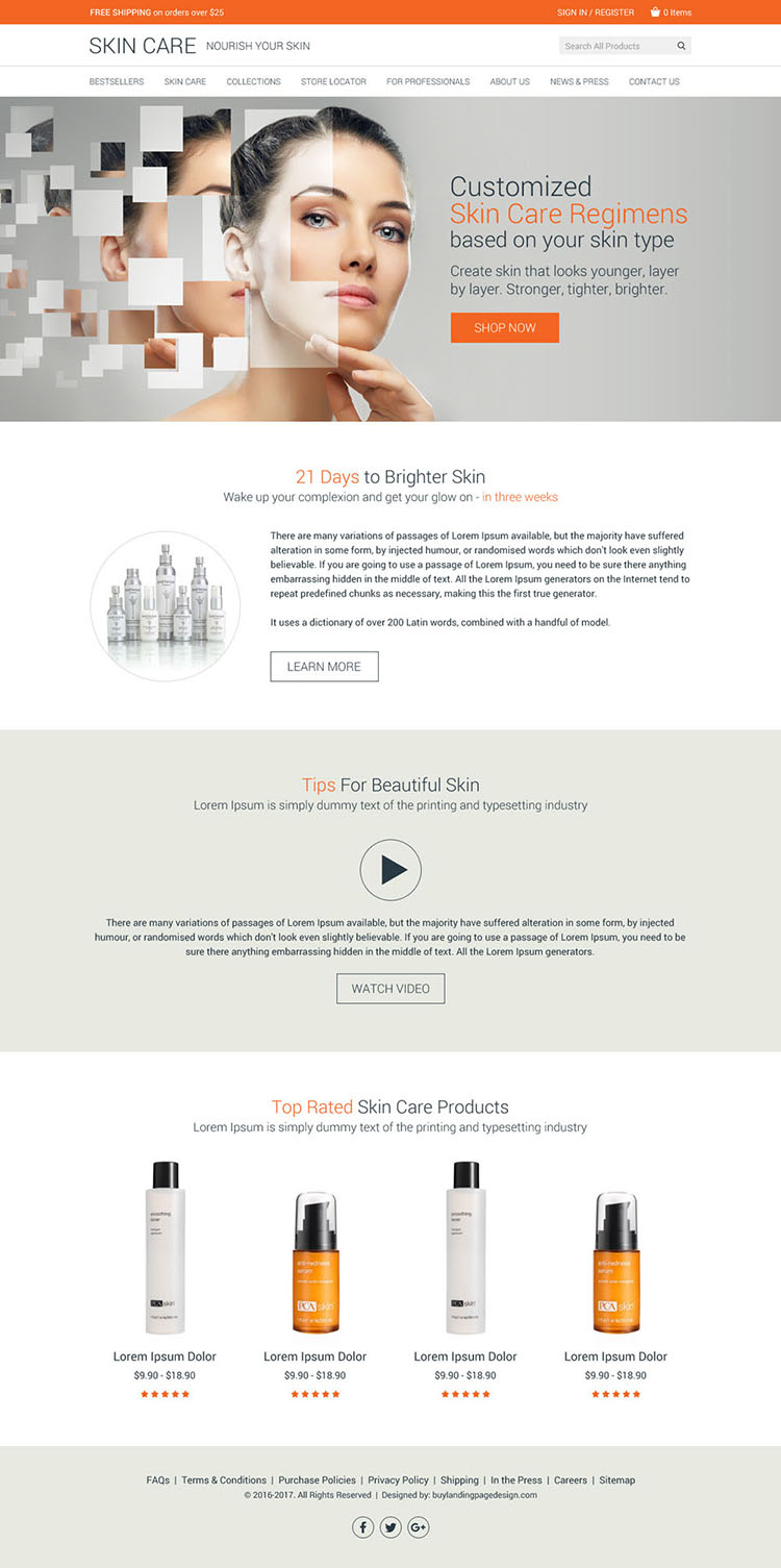 skin care product selling clean website design