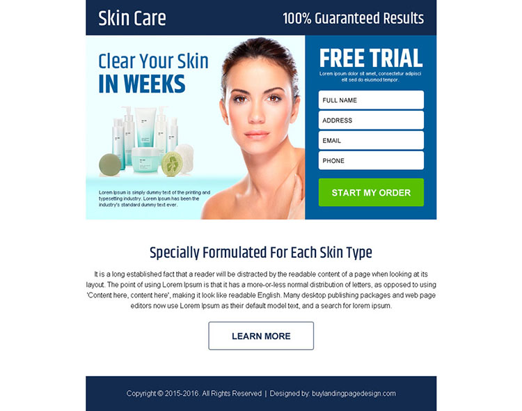 skin care product free trial lead gen ppv landing page