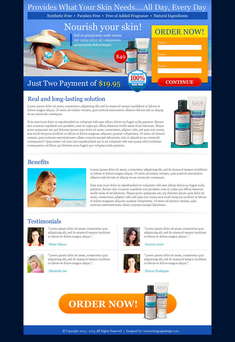 nourish your skin with our skin care product order now landing page design
