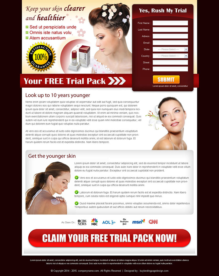 skin care product lead capture page design