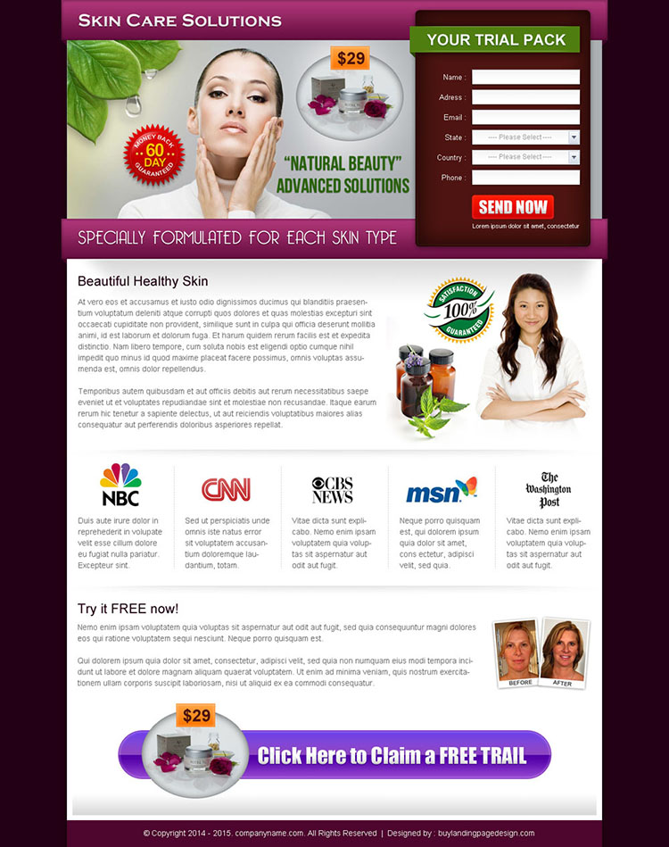 natural beauty advance solution landing page design