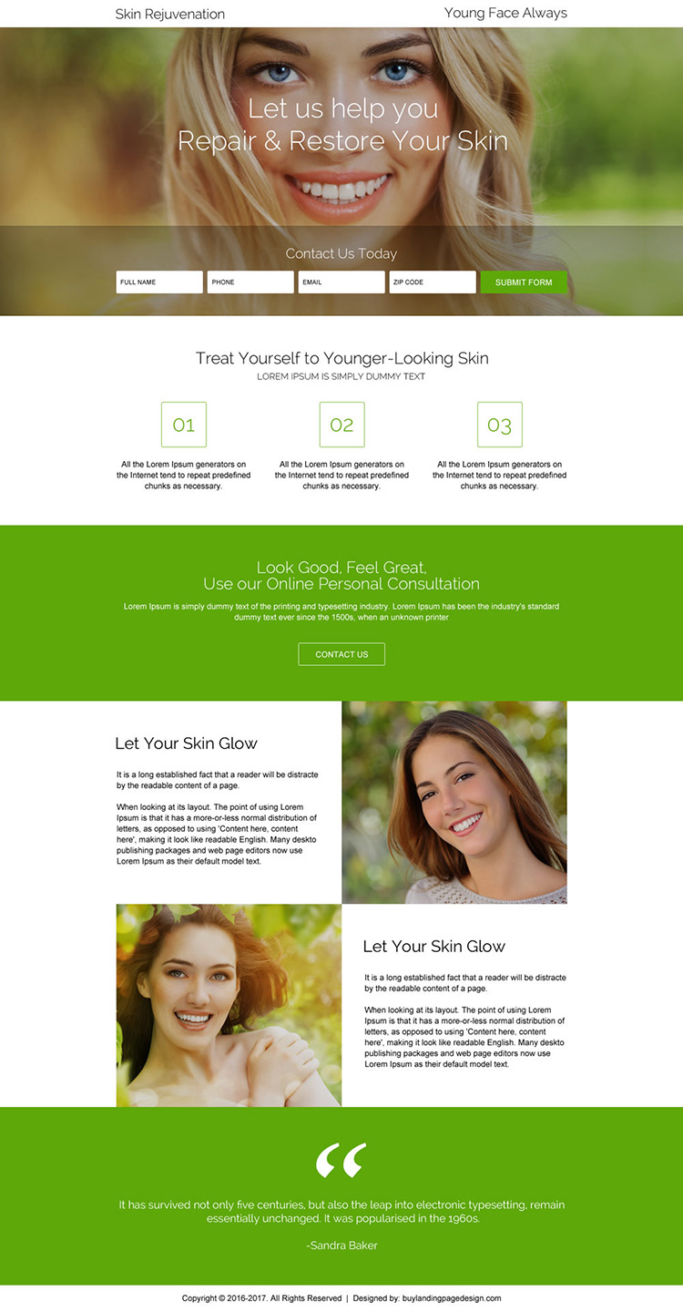 skin rejuvenation treatment landing page design